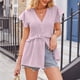 thumbnail image 3 of Camisa informal de verano con escote en V, mangas cortas, detalle de lazo y botones en la cintura, top con volantes y estampado de lunares morados XXL, 3 of 6
