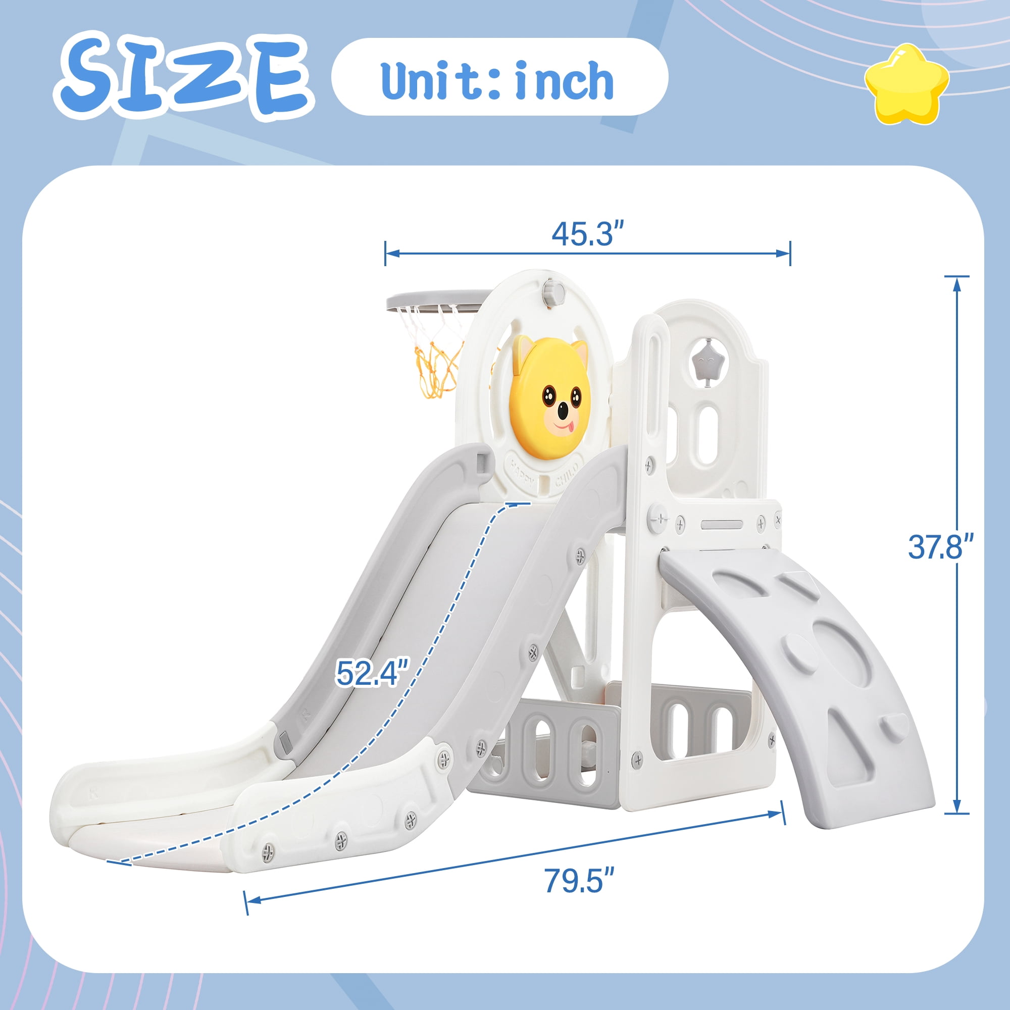 Toddler Climber and Slide Set 4 in 1, Kids Playground with Basketball Hoop, Kids Climber & Slide Playset, Gray