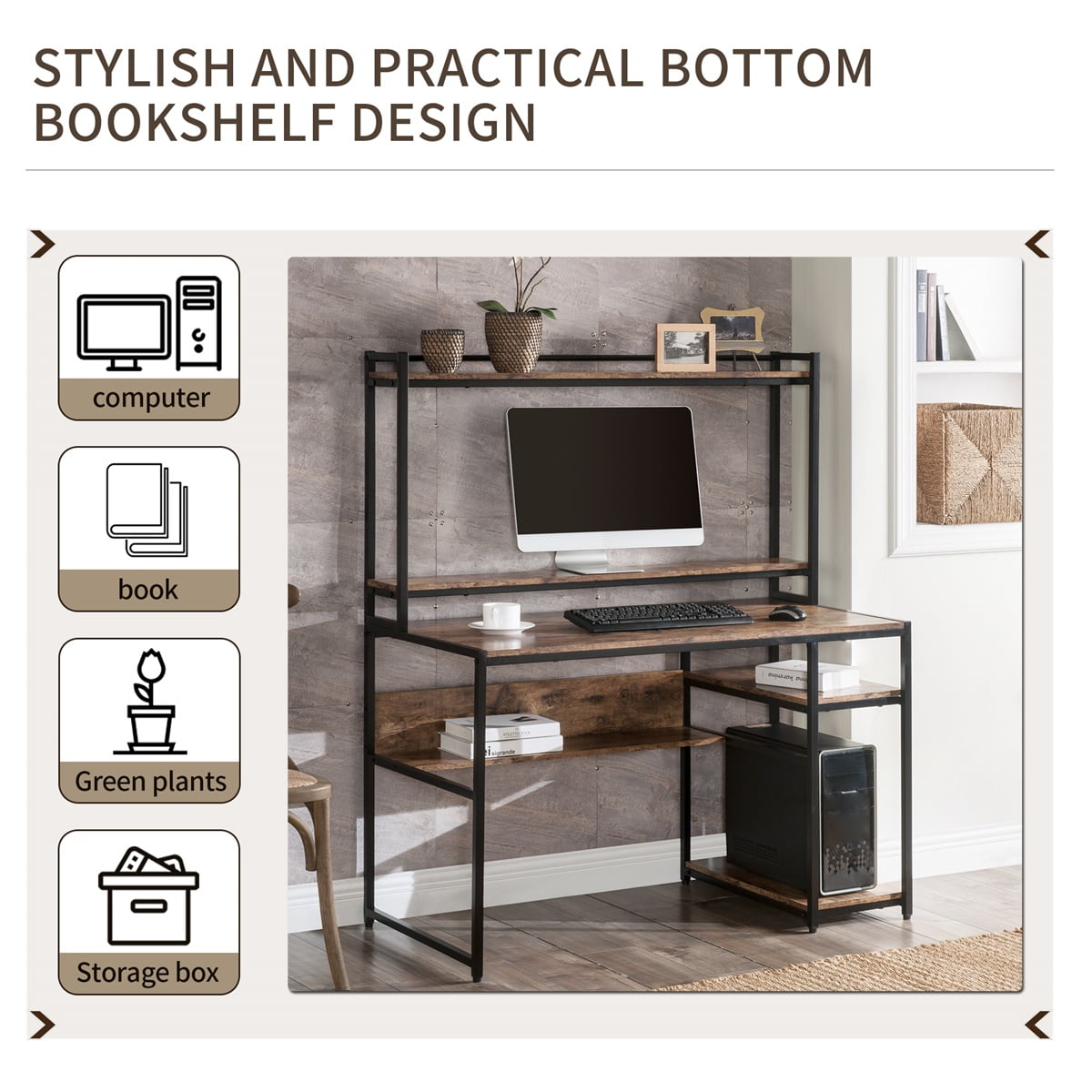 Home Office Computer Desk with 2-Tier Bookshelf and Storage Shelf, Removable Monitor Riser