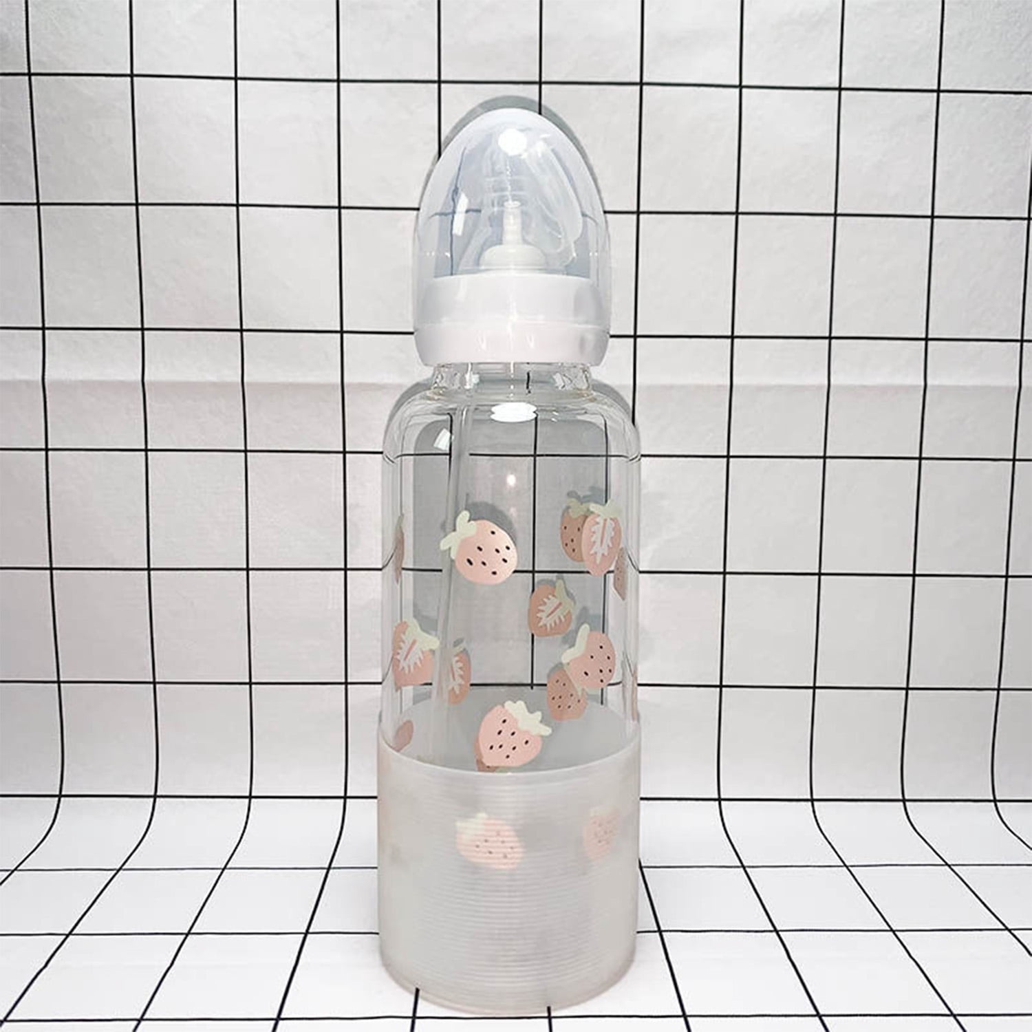 CutiePlusU Adult Glass Feeding Bottle Cute Printed Large Size Baby Bottles 13.5Oz/400ML Cute Strawberries