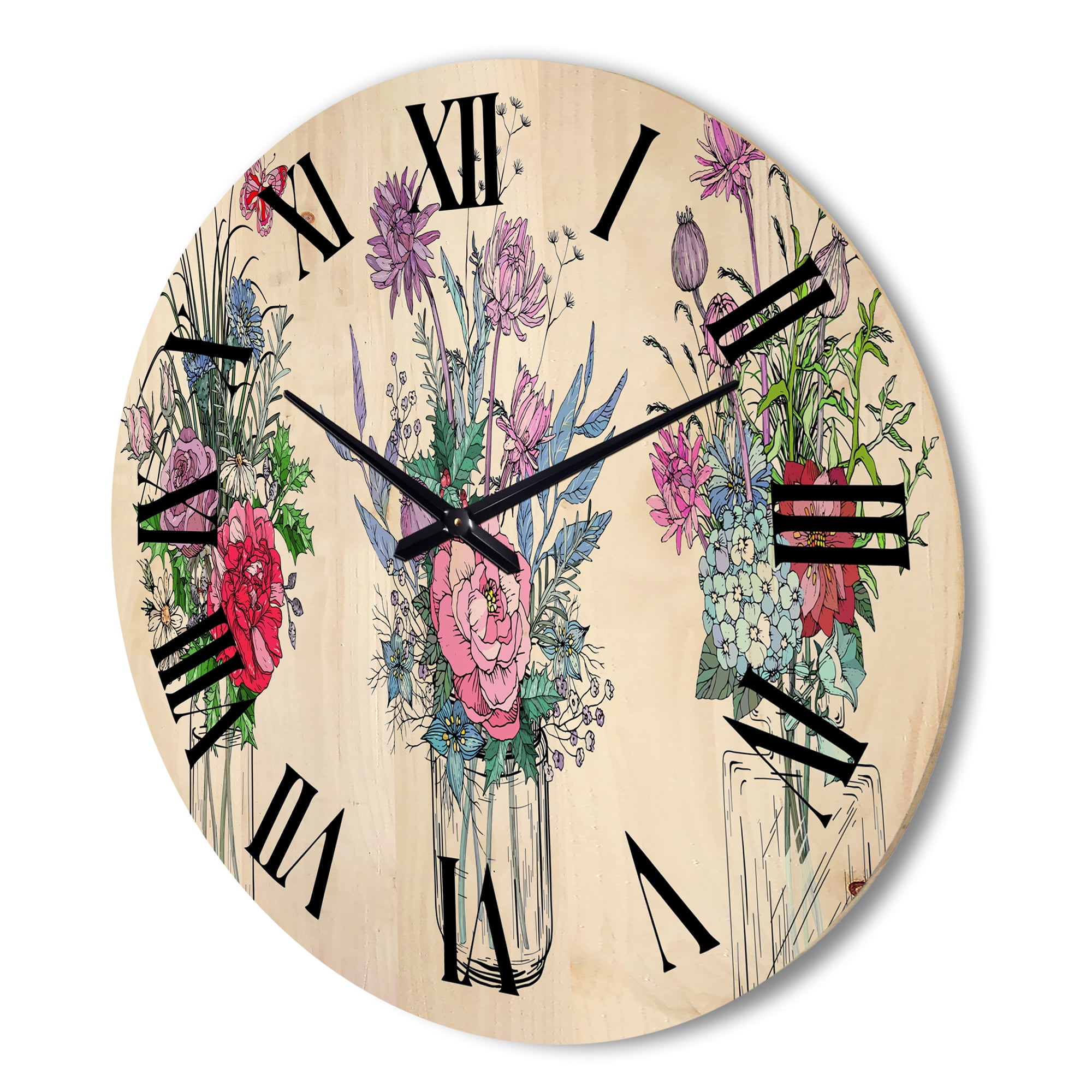 Designart 'Transparent Vases With Bouquets of Wildflowers I' Farmhouse Wood Wall Clock