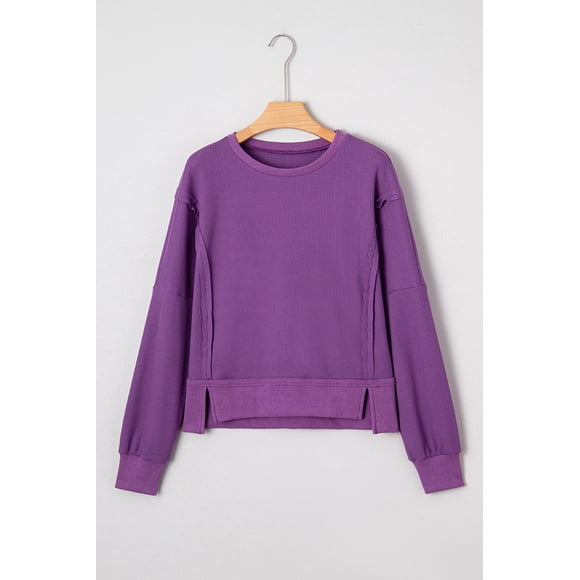 I AM A FASHION JUNKY Orchid Mist Solid Color Raw Seam Patchwork Ribbed Drop Shoulder Sweatshirt (OrchidMist, XL, 75%Polyester+25%Cotton)