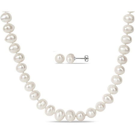 Miabella 10mm and 8-9mm White Cultured Freshwater Pearl Brass Set of Necklace and Earrings, 18