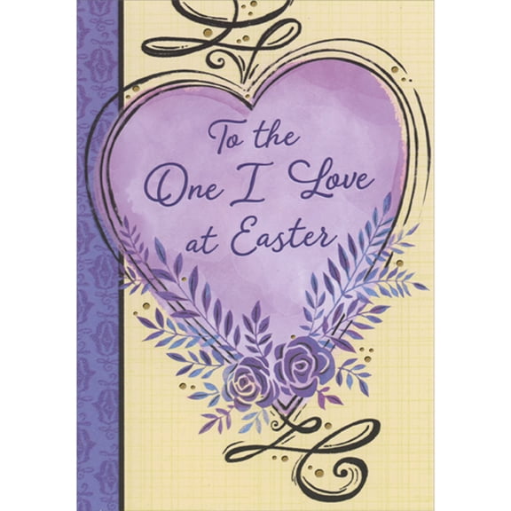 Designer Greetings To The One I Love: Purple Heart with Thin Black Outlines and Two Flowers Romantic Easter Card for Wife, Husband, Girlfriend, Boyfriend