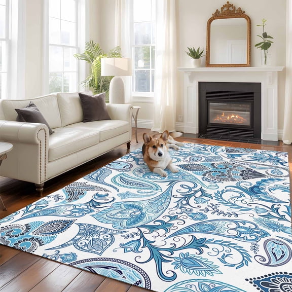 6'x9' Area Rugs, Blue Paisley Indoor Outdoor Area Rug for Living Room Bedroom, Ethnic Abstract Art Vintage Washable Bathroom Rugs Kitchen Floor Carpet Mats Home Decor Aesthetic