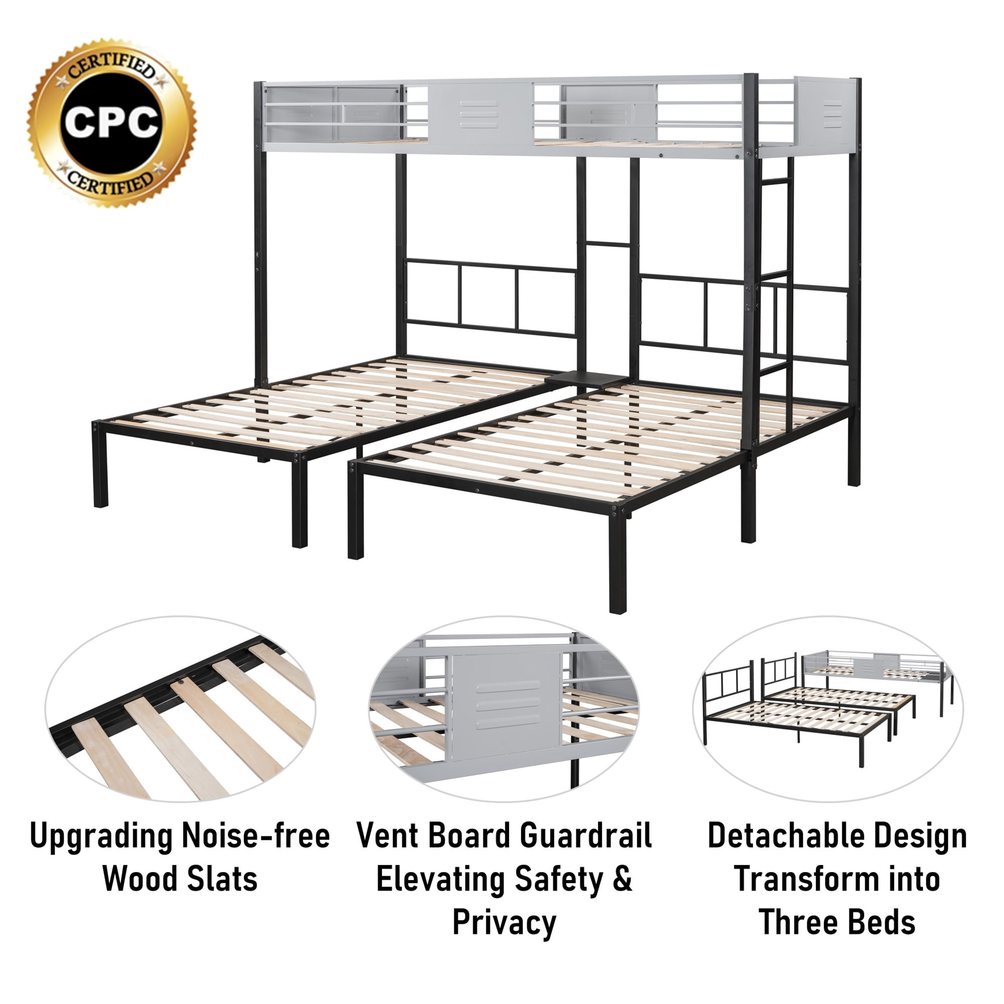 Aukfa Metal Triple Bunk Bed with Wooden Slats for Kids, Convertible to 3 Twin Bed Frame, Noise Free, Black