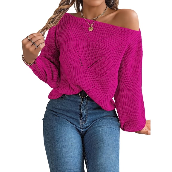 Wevis Women's Off Shoulder Long Sleeve Hollow Out Knit Pullover Sweater - ROSERED_S