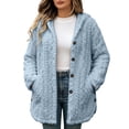 thumbnail image 2 of Zedker Women Hooded Button Up Fleece Jacket Long Sleeve Fuzzy Coat Loose Warm Outerwear with Pockets Light Blue Jackets for Women, 2 of 7