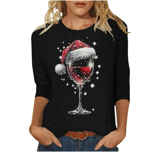 Camisetas de Manga Larga de las Mujeres Impresión de Navidad Cuello Redondo 3/4 Manga Suéter Superior, Moda Informal para Fiesta de Vacaciones Y Uso Diario