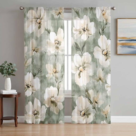 Sage Green Spring Floral Sheer Curtains 96 Inch Length 2 Panels Set, Summer Botanical Flowers Voile Window Treatment Semi Sheer Long Curtains Drapes for Bedroom/Living Room/Kitchen 52"x96"x2