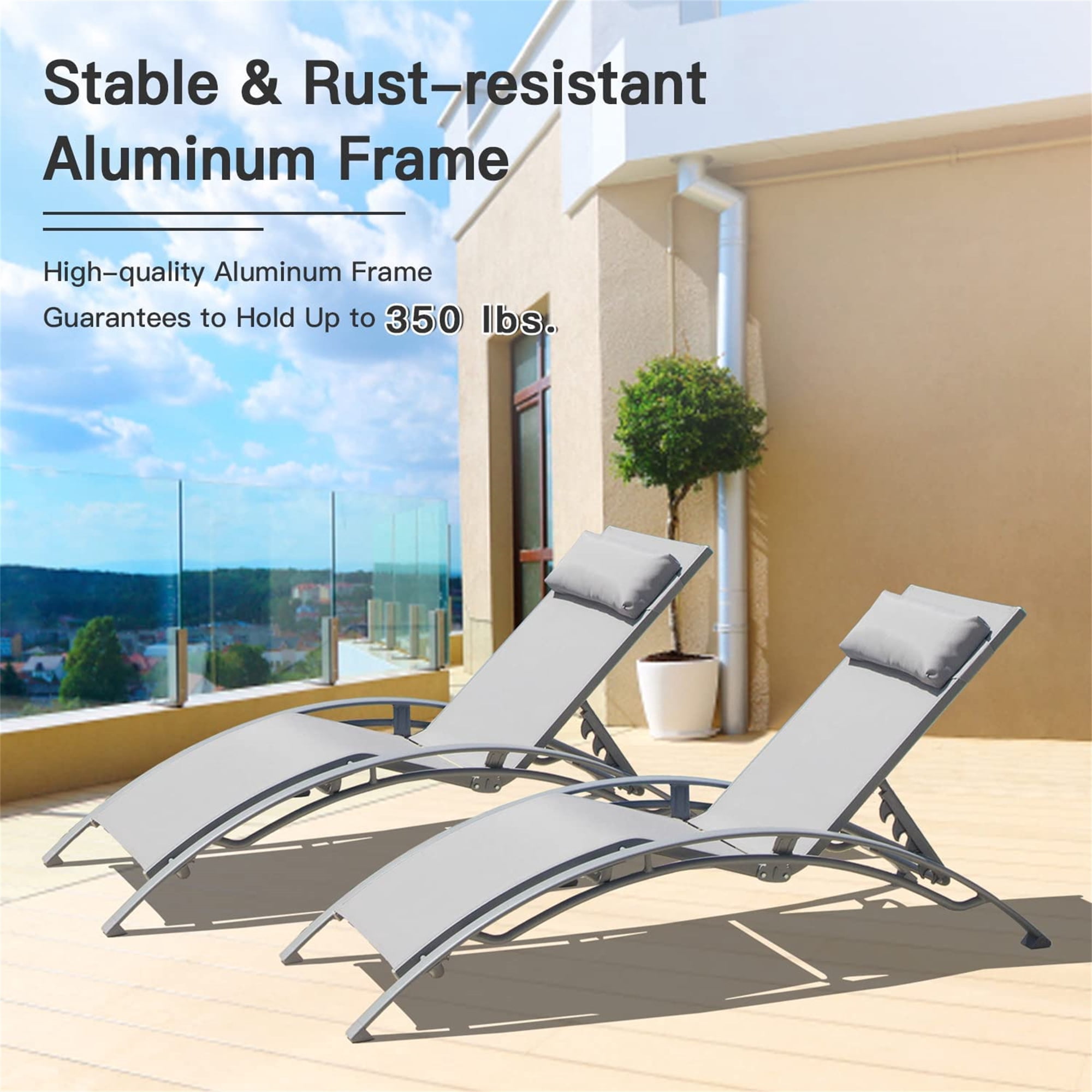 Outdoor Chaise Lounge, Set of 2 Patio Recliner Chairs with Adjustable Backrest and Removable Pillow for Indoor&Outdoor Beach Pool Sunbathing Lawn (Gray, 2 Lounge Chairs)