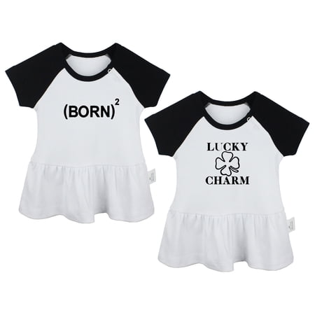 Pack of 2, Lucky Charm & Born Again 2 Funny Dresses For Baby, Newborn Babies Skirts, Infant Princess Dress, Toddler Frocks (Black Raglan Dresses, 0-6 Months)