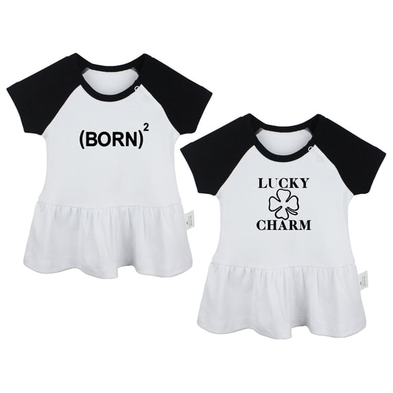 Pack of 2, Lucky Charm & Born Again 2 Funny Dresses For Baby, Newborn Babies Skirts, Infant Princess Dress, Toddler Frocks (Black Raglan Dresses, 18-24 Months)