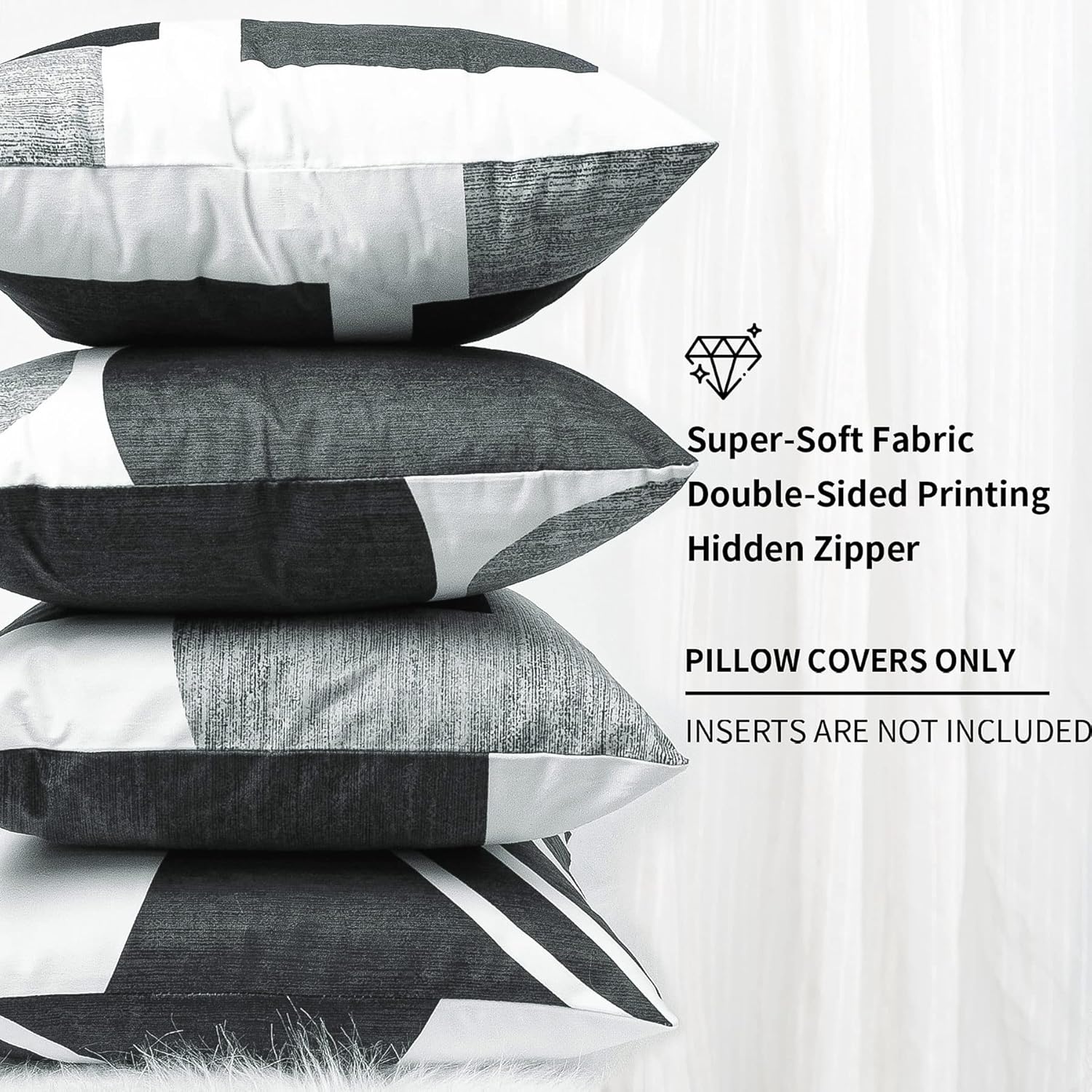 Set of 4 Black and White Throw Pillows for Couch Black Gray White Silver Boho Decorative Pillow Covers Abstract Geometric Modern Pillowcases 20x20 inches for Bed Bedroom.