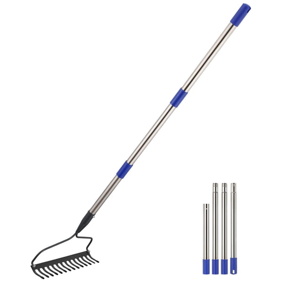 Garden Rake, 6FT Bow Rake with Adjustable Long Handle, 14 Metal Tines Metal Head Garden Rake for Loosening Soil Gathering Leaf Lev