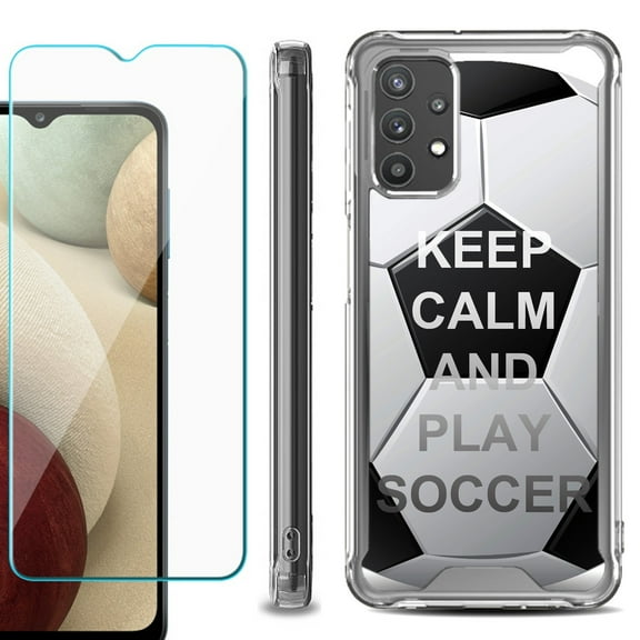 Shockproof Bumper Phone Case for Samsung Galaxy A32 5G, with Tempered Glass Screen Protector, by OneToughShield ® - Keep Calm Soccer