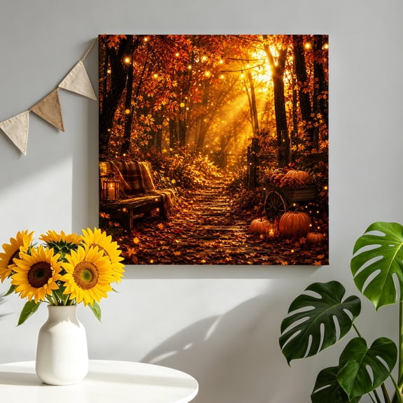 Maple Forest Canvas Wall Art, Fall Orange Golden Pumpkins Tree Rustic Fairy Lights Framed Canvas Wall Decor Picture Print Artwork Decorations for Living Room Office Ready to Hang 8" x 8"