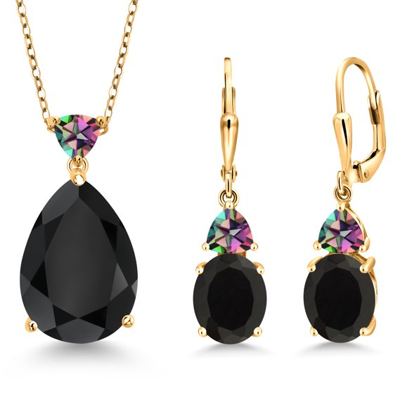 Gem Stone King 18K Yellow Gold Plated Silver Black Onyx and Green Mystic Topaz Pendant Earrings Jewelry Set for Women (16.71 Cttw, Pear Shape 18X13MM, with 18 inch Chain)