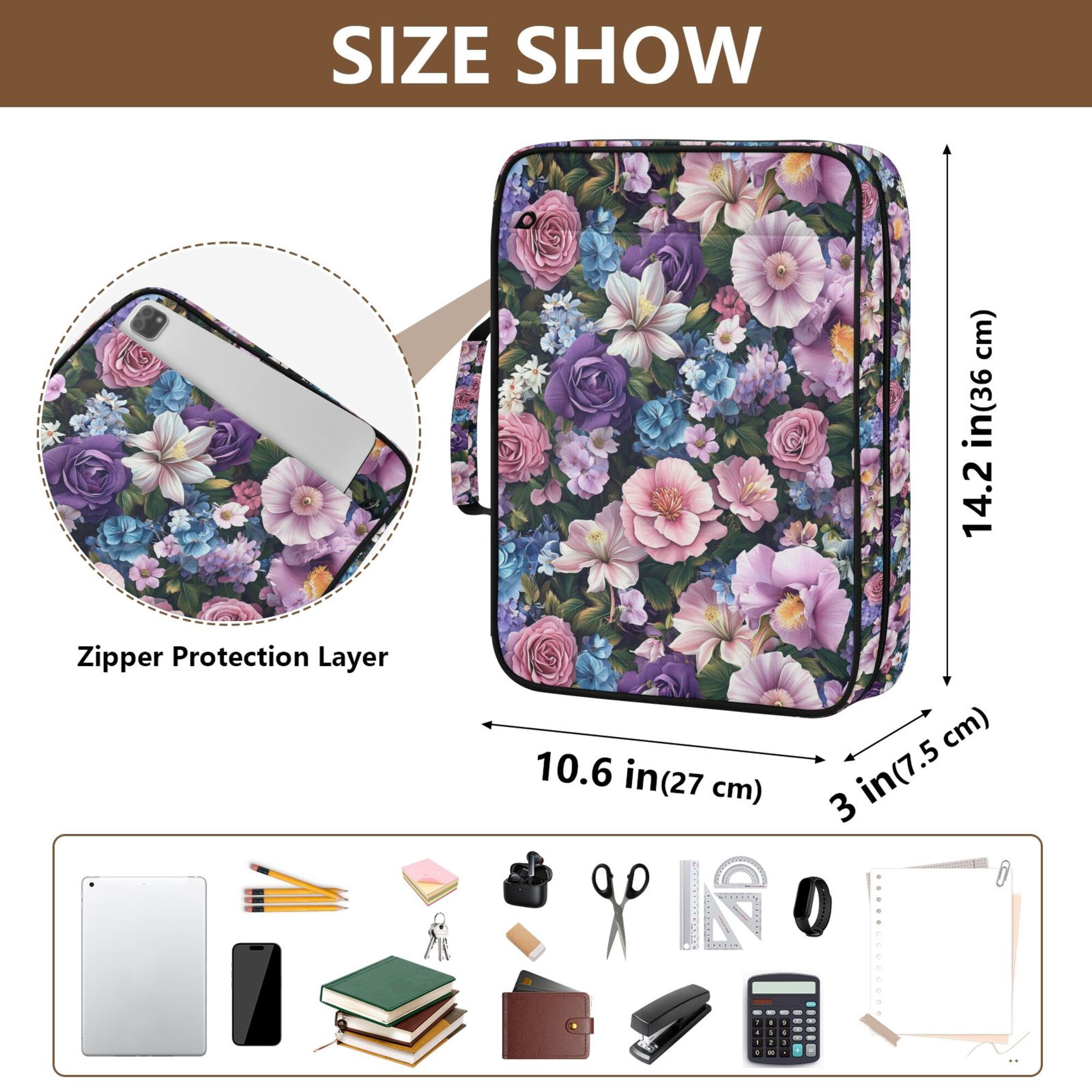 FORMRS Accordion File Folder A4 Size 7-Pocket Expanding Document Organizer Bag with 3 Ring Binder, Pink and Purple Flowers