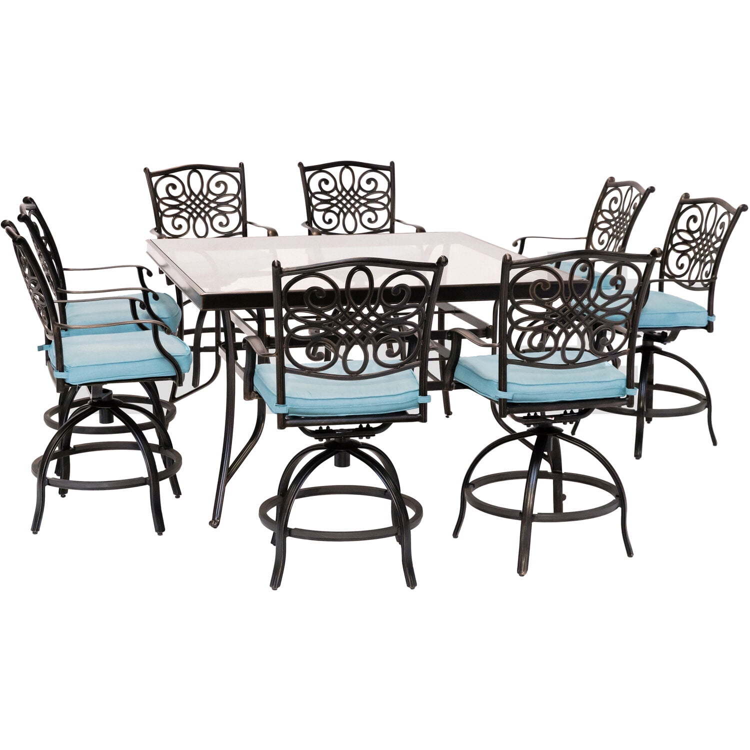 Hanover Traditions 9Piece HighDining Set in Blue with 8 Swivel Chairs