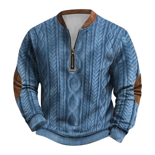 Tricot pour Hommes à Fermeture Éclair Manches Longues Imprimé Sans Col Chandail en Molleton Décontracté