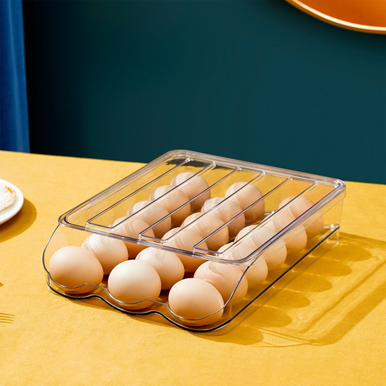XKHBDL Egg Holder for Fridge, Automatic Rolling Egg Container for Refrigerator, Stackable Fridge Organizers and Storage with Lid, Clear Plastic Egg Dispenser & Tray