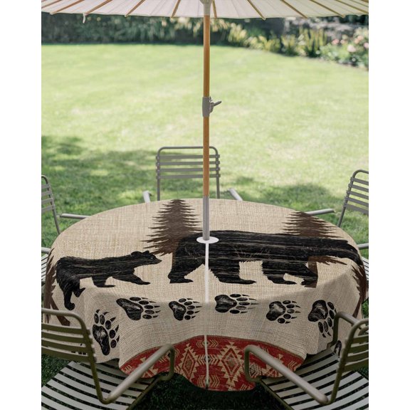 Outdoor Tablecloth with Umbrella Hole, Farmhouse Black Bear Paw Prints Zippered Table Cloth for Square Tables, Forest Tree Retro Linen Washable Waterproof Tablecloths for Picnic Patio Garden