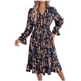 thumbnail image 3 of BRGZLK Women's Floral Dress Summer Trendy Long Sleeve V-Neck Empire Waist Midi Dress Soft Loose Comfortable Solid Color Flowy Wedding Guest Dresses Navy S, 3 of 6