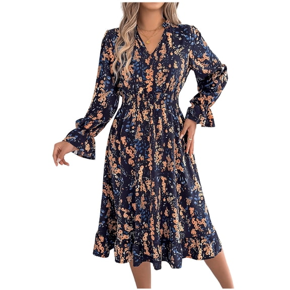 CHUMUD Summer Dress for Women Ruffle Long Sleeve Crew Neck Stretch Waist A Line Floral Midi Dress Casual
