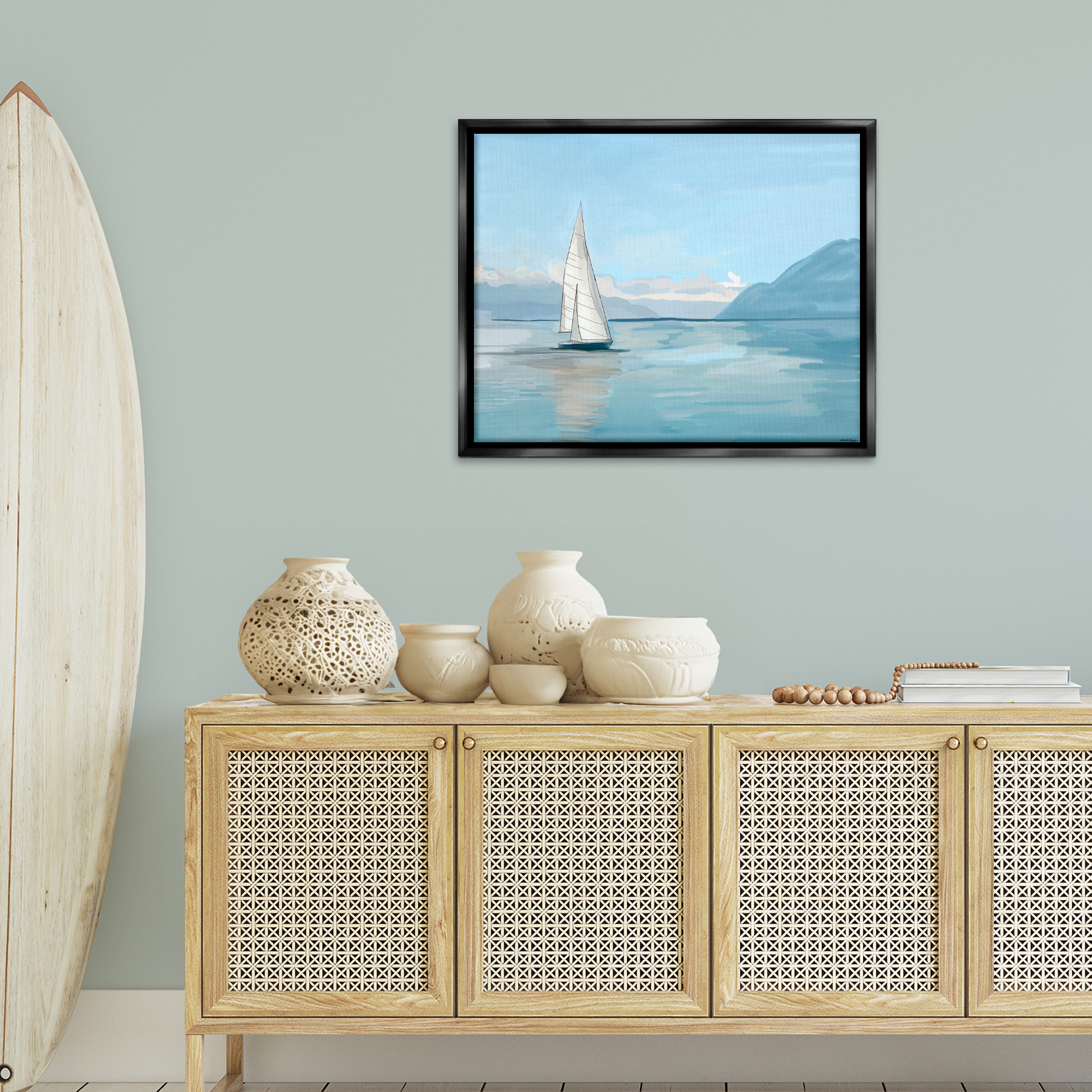 Stupell Industries Peaceful Sailboat on Water Nautical & Beach Painting Black Floater Framed Canvas Art Print Wall Art, 31 x 25