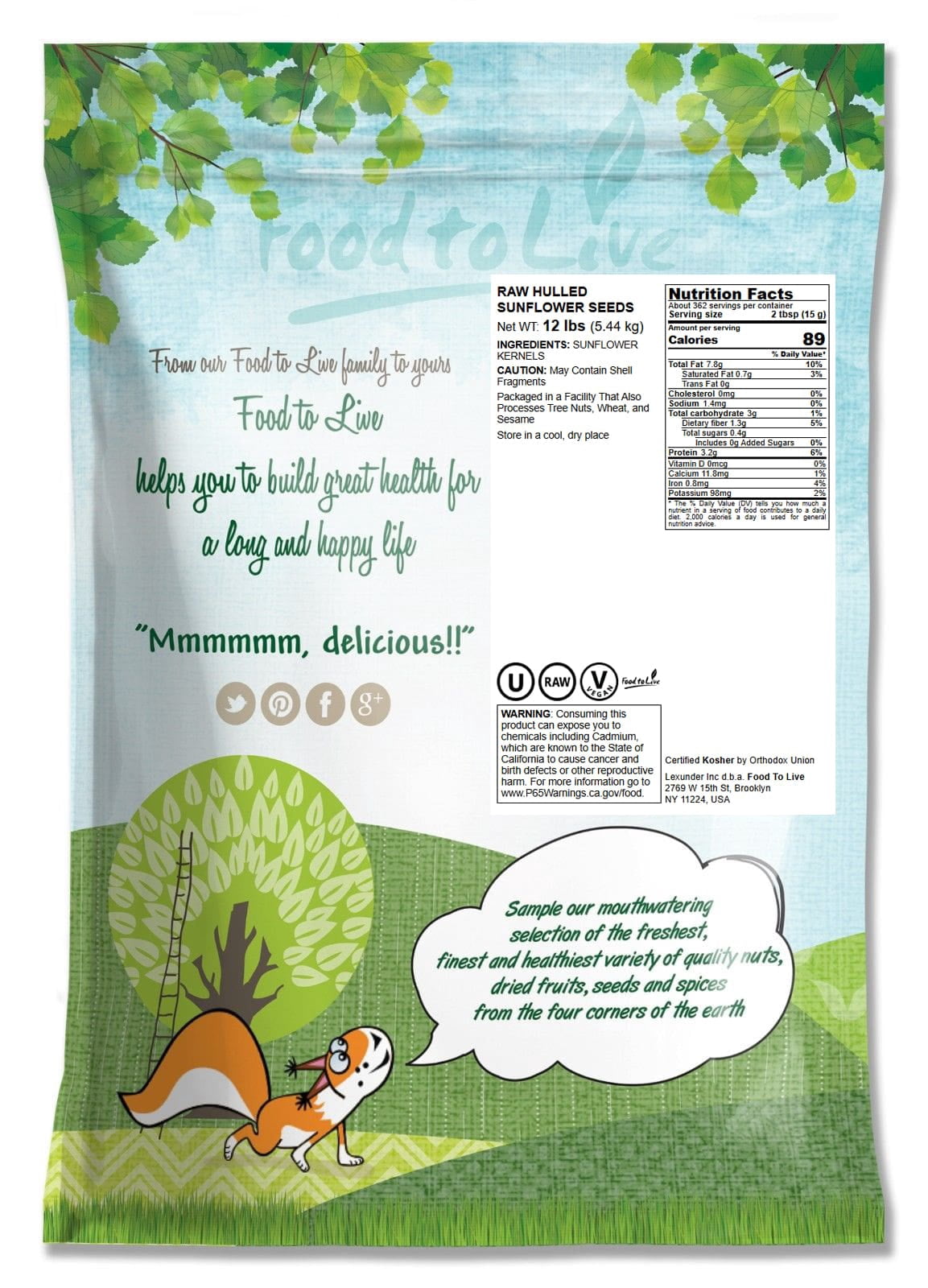 Raw Sunflower Seeds, 12 Pounds — Kosher, Vegan — by Food to Live