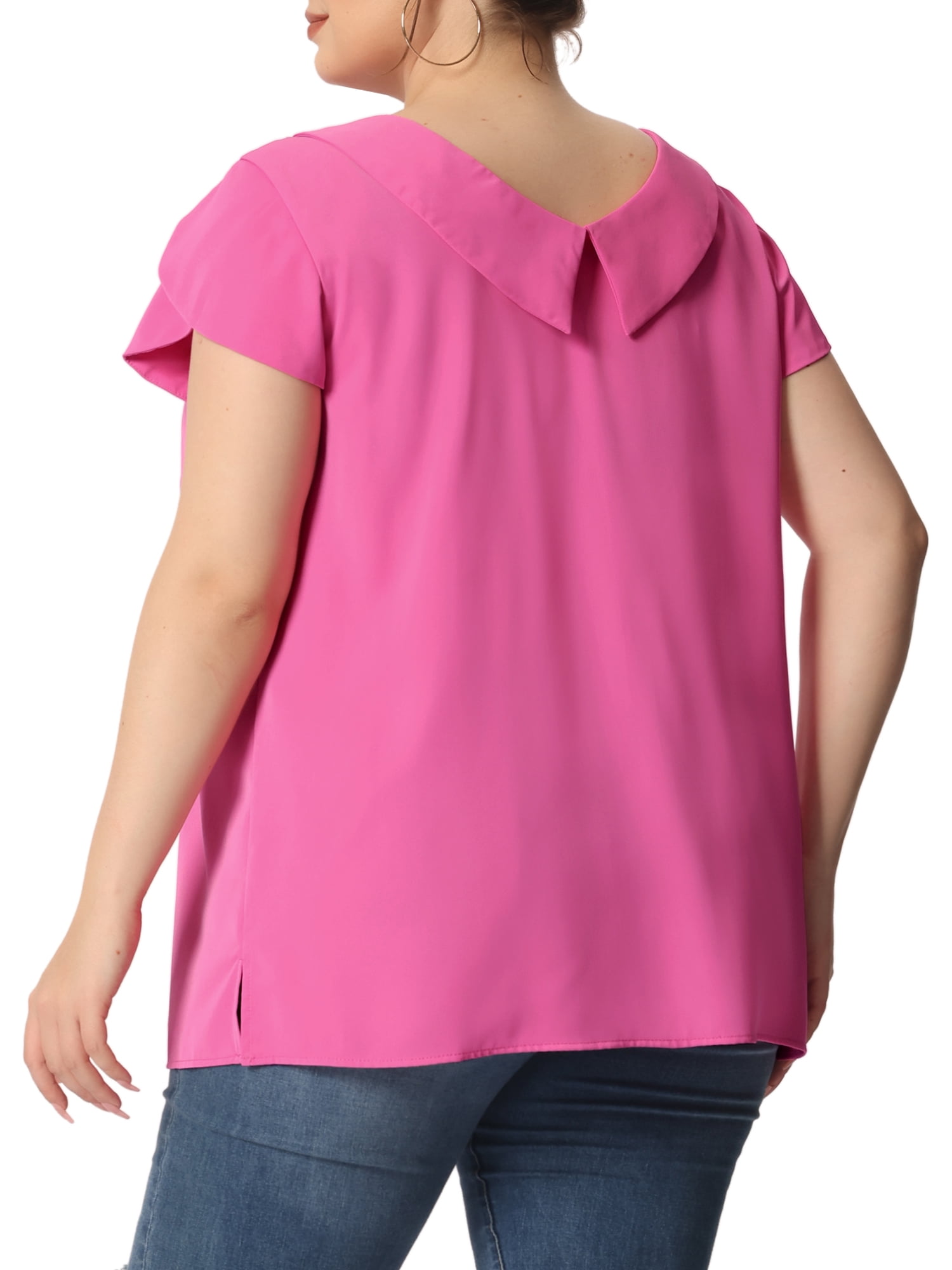 Unique Bargains Women's Plus Size Boat Neck Flutter Sleeve Chiffon Solid Top