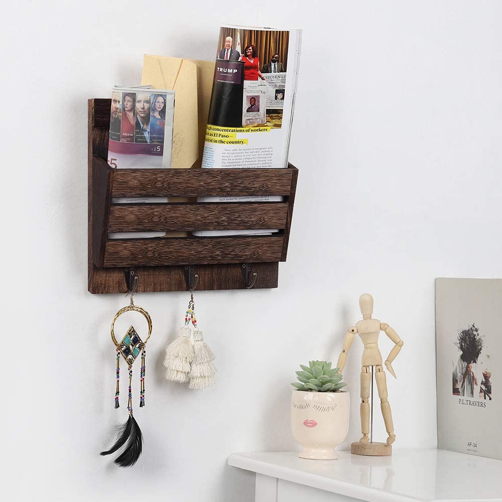Oumilen Wood Wall Mount Mail and Key Holder Organizer with 3 Key Hooks, Brown