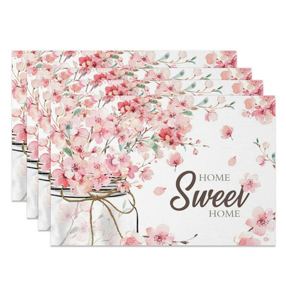 SUNOLIFE Spring Cherry Blossom Placemats Set of 4,Pink Floral Flowers Linen Table Mats 12x18 inch