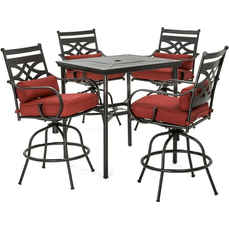 Hanover Montclair 5-Piece High-Dining Patio Set in Chili Red with 4 Swivel Chairs and a 33-In. Counter-Height Dining Table