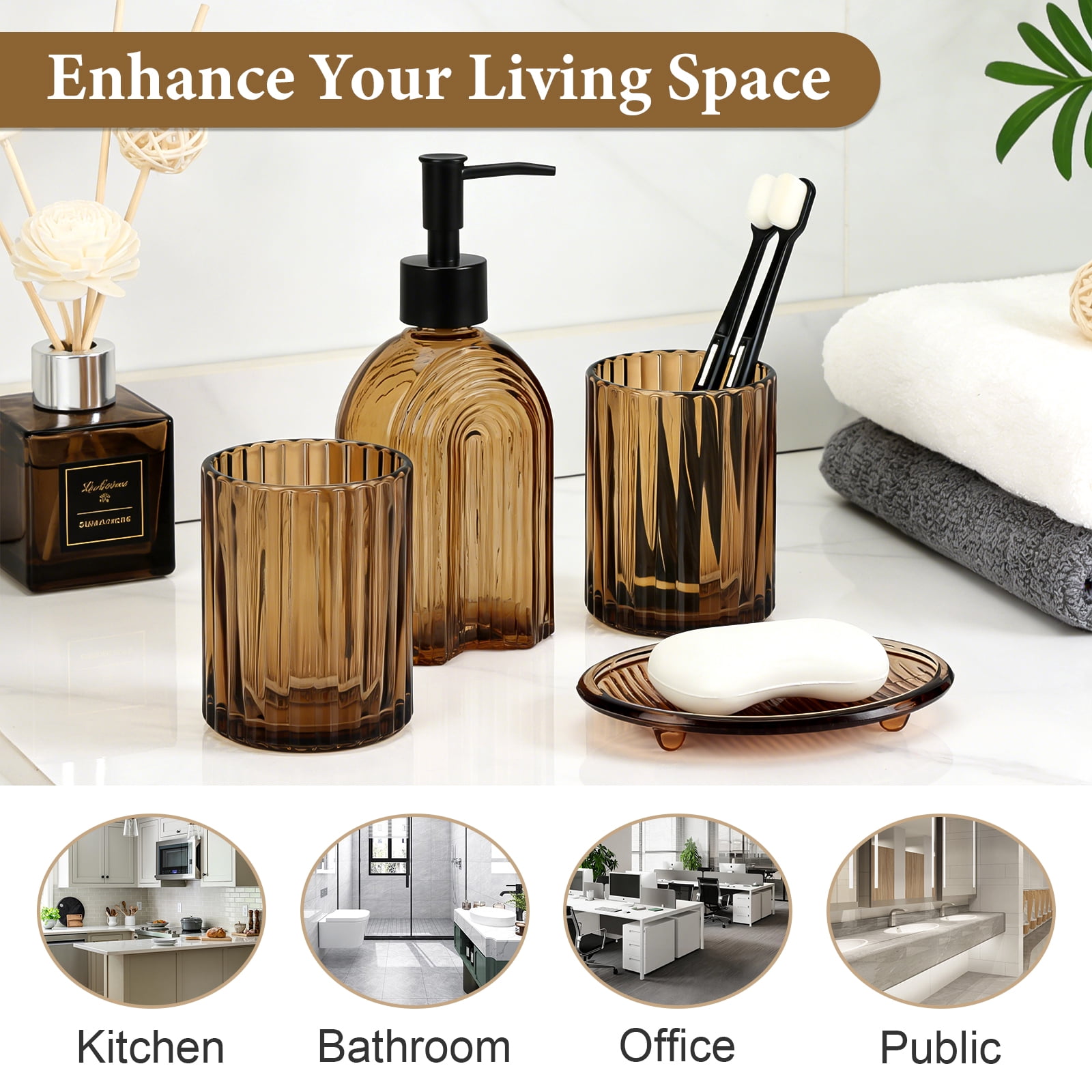 Bathroom Accessories Set, 4Pcs Bathroom Glass Soap Dispenser Set ,with Soap Dispenser , Soap Dish, Tumbler,Brown