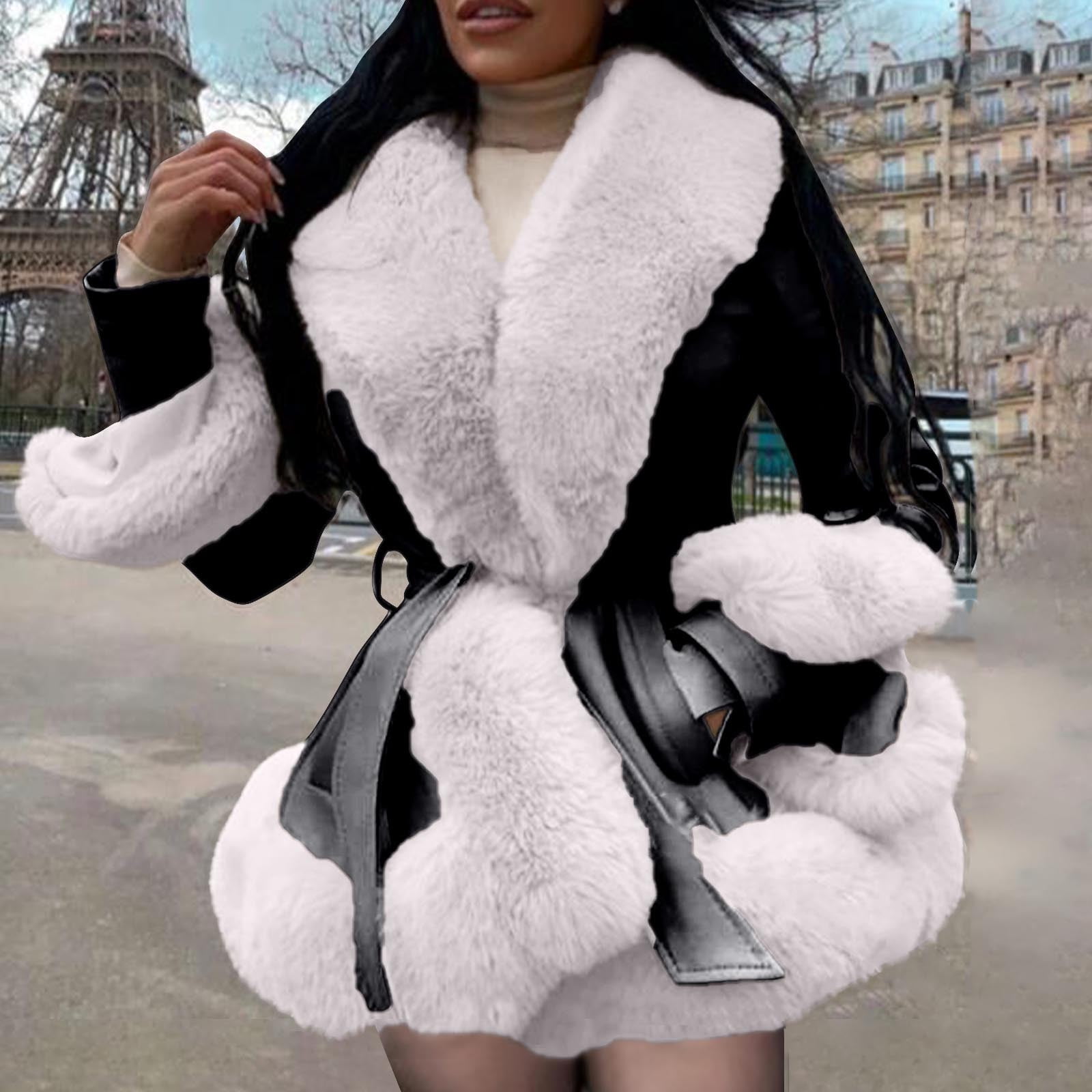 ZQUUVOU Women's Faux Leather Jacket with Faux Fur Collar Fall Winter Trendy Long Sleeve Furry Trim Parka Coat with Belt White
