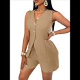 thumbnail image 3 of Conjuntos de Verano de 2 Piezas para Mujer, Sin Mangas, con Cuello en V, Abotonado, Chaleco y Pantalones Cortos con Bolsillos. Caqui S, 3 of 9