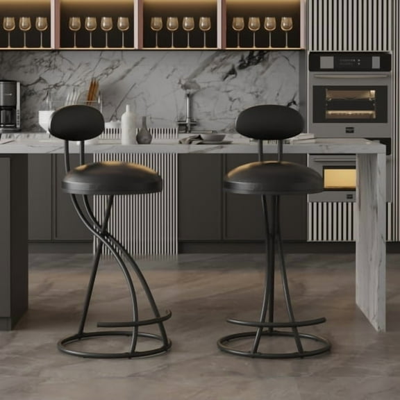 Counter Height Bar Stools, Upholstered Barstools Set of 2 - PU Leather Kitchen Island Bar Chairs with Footrest, Modern Design (Black)