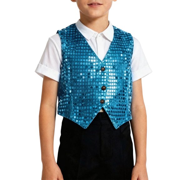 Kiijoy Boys Glitter Sequin Vest Shiny Dance Performance Party V-Neck Waistcoat, Sizes 2-15