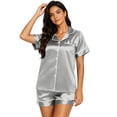 thumbnail image 2 of Sewkxo Womens Silk Satin Pajama Sets Soft Short Sleeve Button Down Sleepwear Top and Shorts 2 Piece Pjs Lounge Set,Light Gray XL, 2 of 4