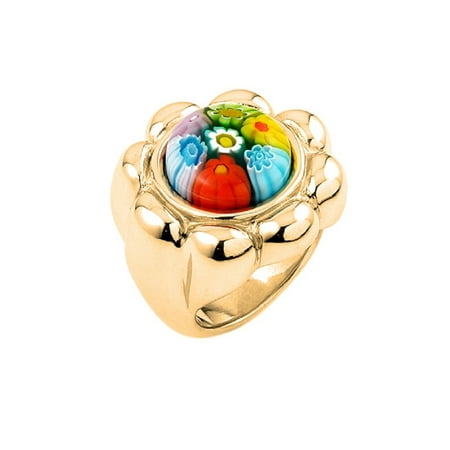 Murano Millefiori Flower Ring - Multi Color Millefiori Flower With Electroform Ring Gold-Tone Plated Sterling Silver