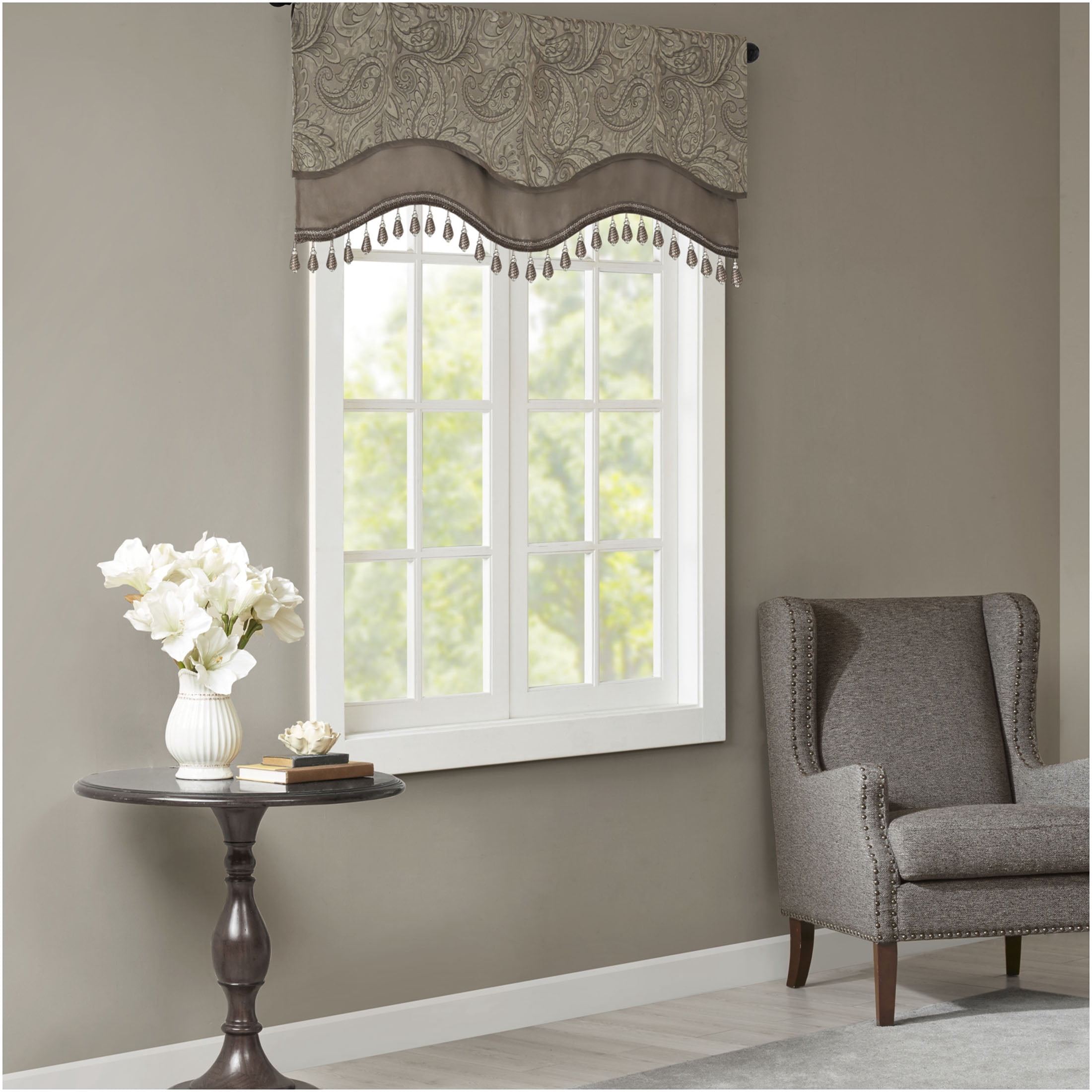 JERFIT Blue Brown Jacquard Valance with Beaded Trim, Paisley Window Curtain Valance, Rod Pocket Treatment for Kitchen Living Room, 50 x 18 Inch