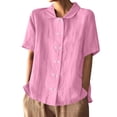 thumbnail image 2 of Womens Tops Trendy Ladies' Cotton And Linen Shirt 2025 Solid Color Loose Double Breasted Lapel Casual Short Sleeved Blouse, 2 of 4