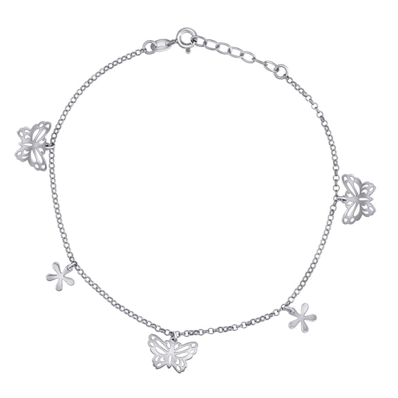 925 Sterling Silver Women Fashion Butterfly Angel Wings and Flower Anklet 10 Inch 10.6mm Long Anklet for Women