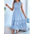 thumbnail image 5 of Women'S Ruffle Trim Flutter Sleeve Midi Dress Pleated Crew Neck Tiered Smocked Flowy Dresses Light Blue M, 5 of 9
