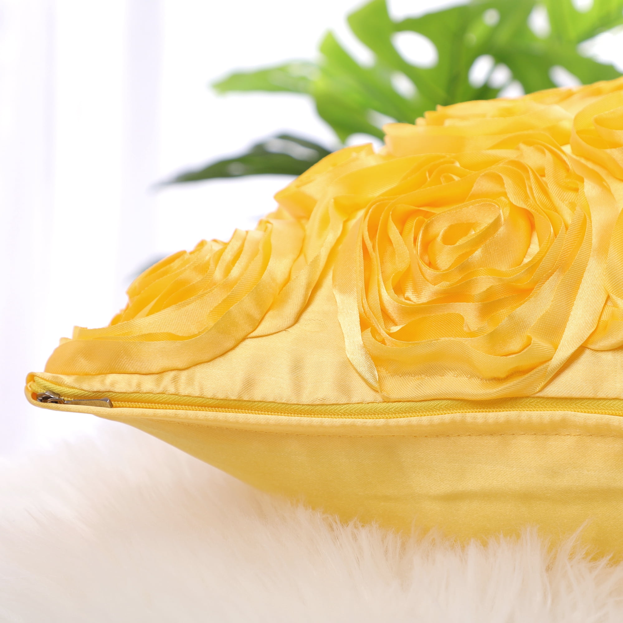 PiccoCasa Decorative Throw Pillow Covers 3D Satin Rose Flower Shells Cushion Covers, 2Pcs, 16"x16" Gold Tone