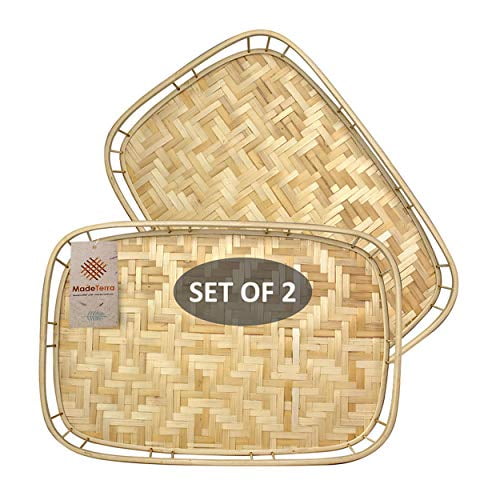 Set of 2 Pack Rectangular Bamboo Wicker Serving Trays with Handles