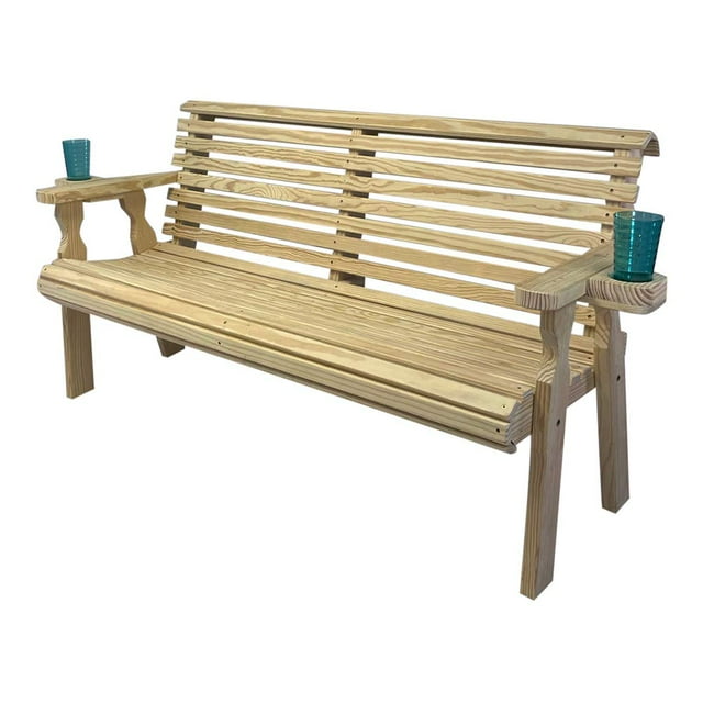 Amish Casual Banc de Jardin Extérieur de 5 Pieds en Bois Traité sous Pression, Robuste, avec Porte-Gobelets - Conception à Dossier Rabattable Fabriquée par Amish, Non Fini, Capacité de Charge de 700 Lb