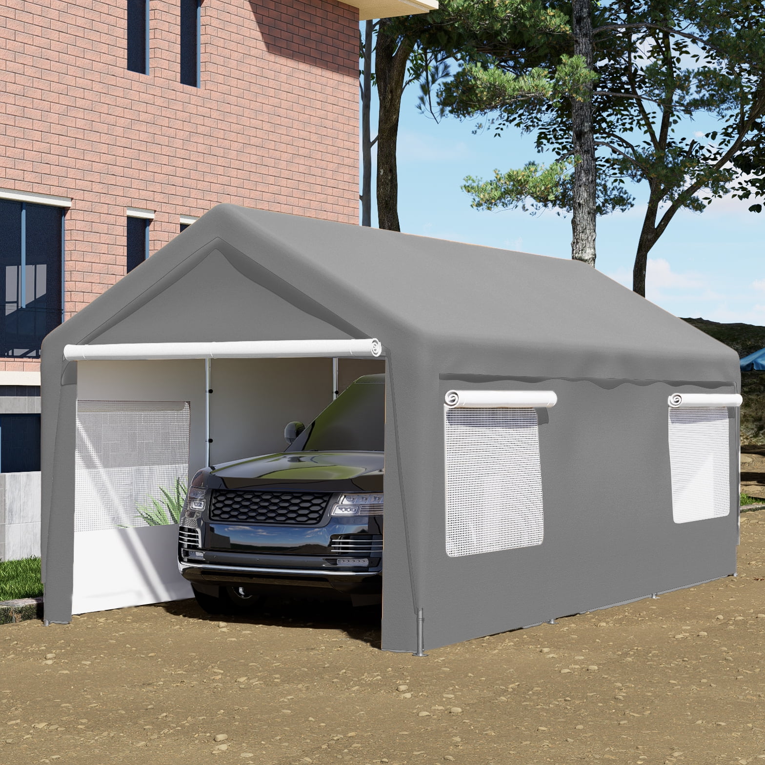 LZBEITEM 10 x 20 ft. Heavy Duty Steel Outdoor Carport Storage Boat Shed Canopy Garage Car Shelter Portable Party Tent Adjustable Height with Window Sidewalls and Doors, Gray